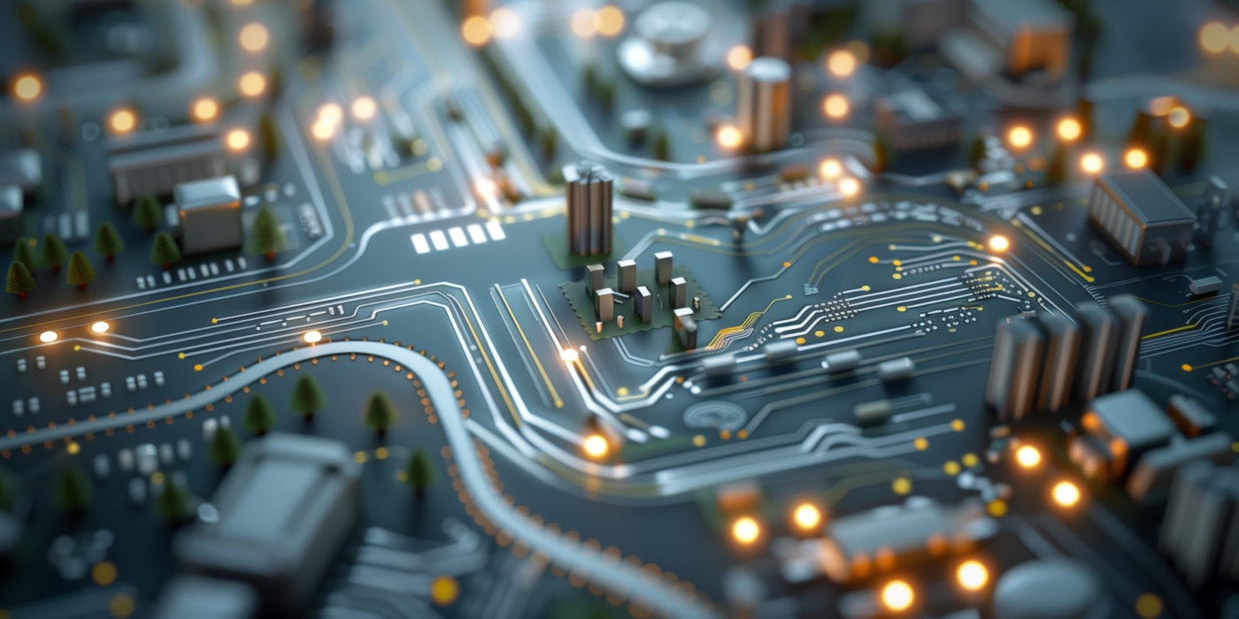 Illustration d’une ville miniature parcourue de circuits et de connexions